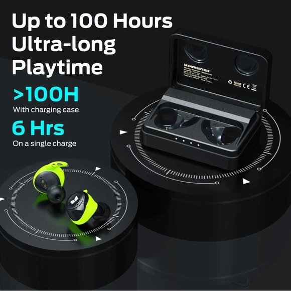 NEW Monster Champion Wireless Bluetooth Earbuds Green Black Waterproof 100hr - Picture 2 of 3